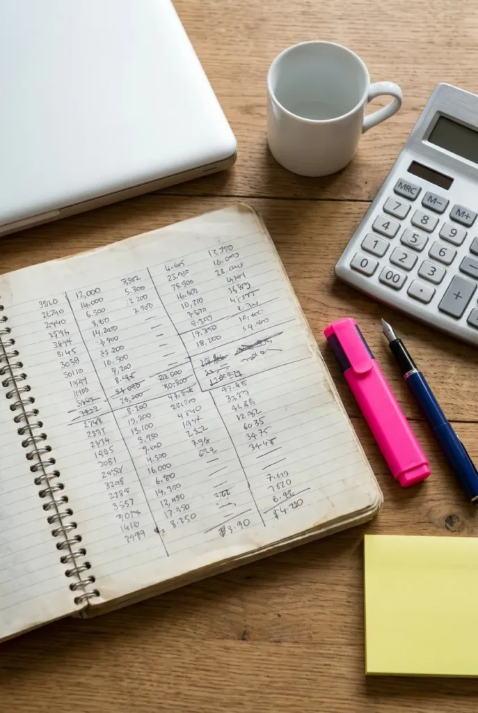 Notebook with rental arbitrage profit and loss calculations next to laptop and calculator.