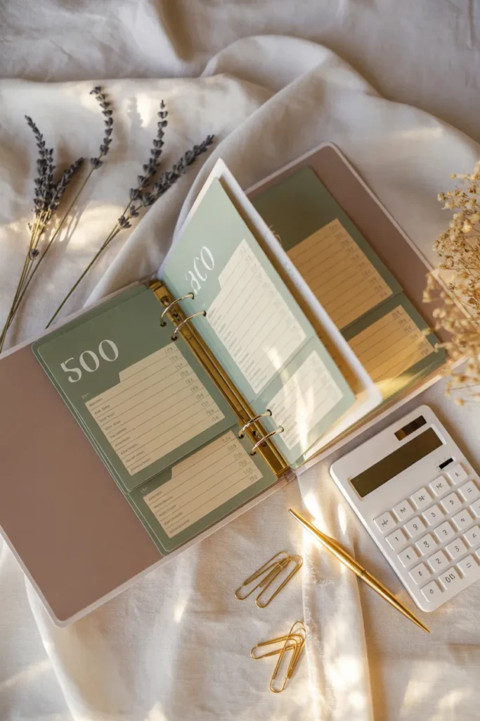 Open A6 budget binder with cash envelope printables and finance tracker inserts