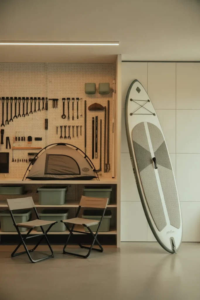 Organized garage showing tools and outdoor gear ready to rent out to neighbors