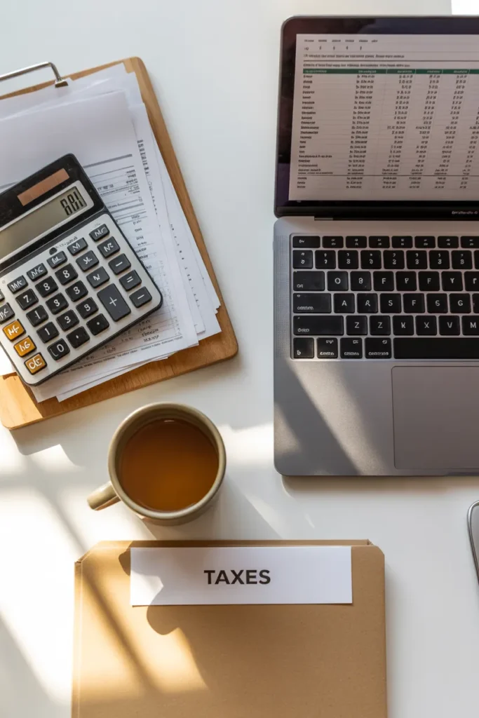 Passive income tax tracking workspace with calculator and spreadsheet