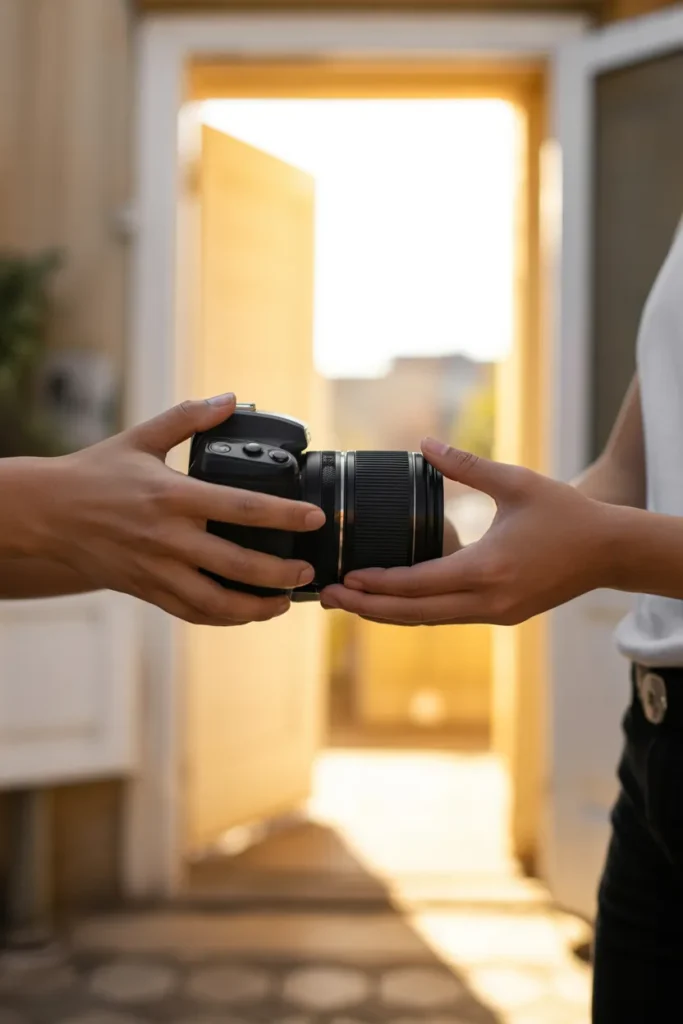 Person handing off a DSLR camera for a peer-to-peer Fat Llama rental
