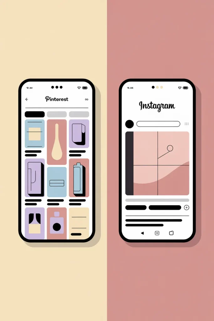 Phone screen comparison showing Pinterest grid versus Instagram post for affiliate marketing.