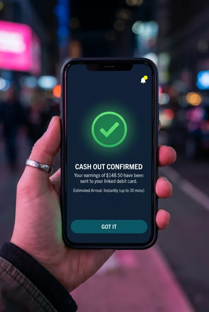 Phone screen showing DoorDash Fast Pay cashout confirmation for same-day cash hustles.