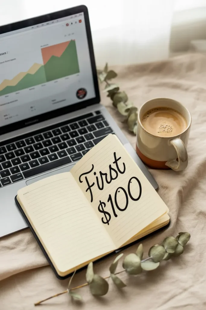 Pinterest dashboard on laptop with notebook showing first $100 goal for beginners
