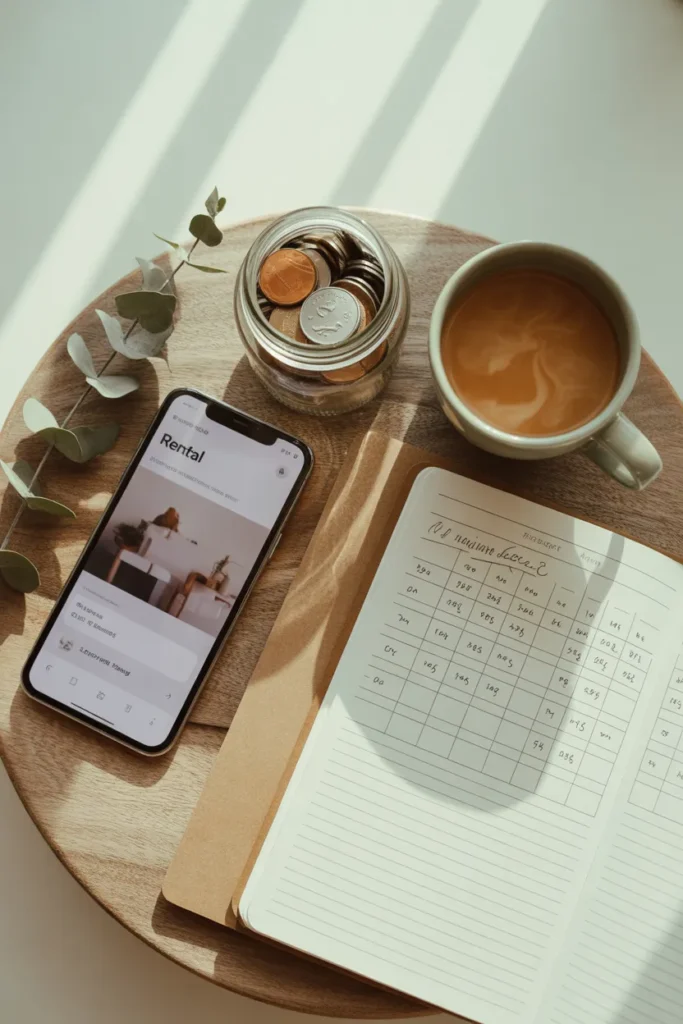 Pinterest-style flat lay showing how to rent out your stuff and track rental income