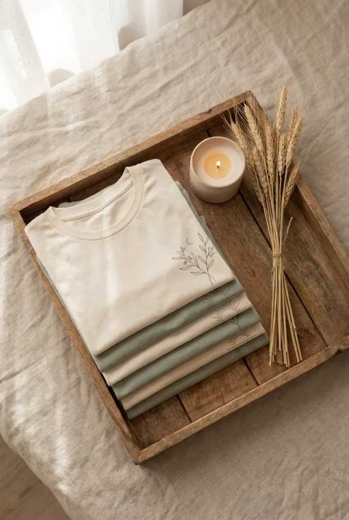Print on demand niche tshirts stacked on wooden tray for faceless side hustle