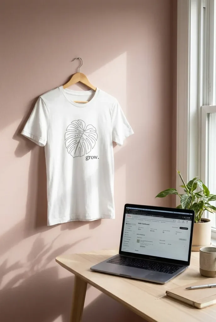 Print on demand t shirt side hustle mockup with Etsy shop on laptop