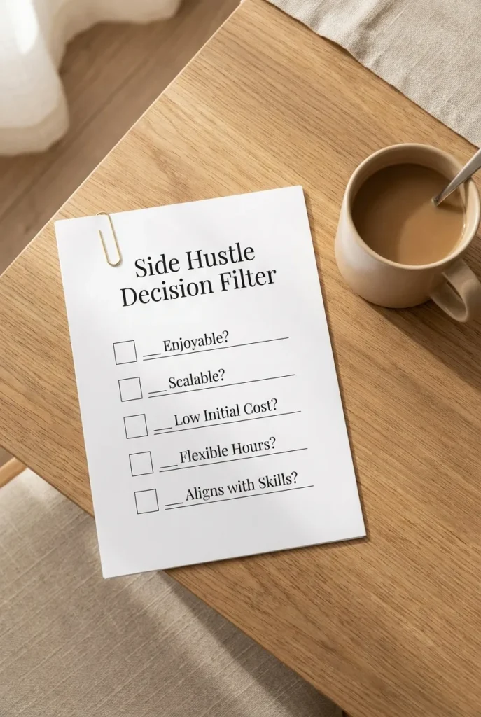 Printable 5-question side hustle decision filter checklist on wooden desk with coffee