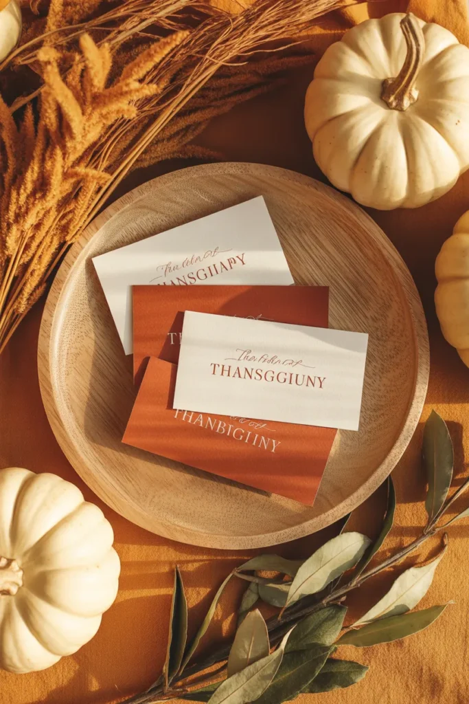 Printable Thanksgiving place cards with autumn decor in cream and rust tones