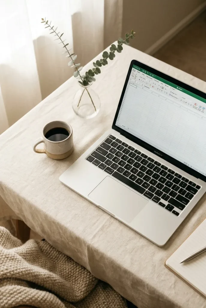 Quiet work from home setup for introvert side hustles with laptop and coffee on cream desk