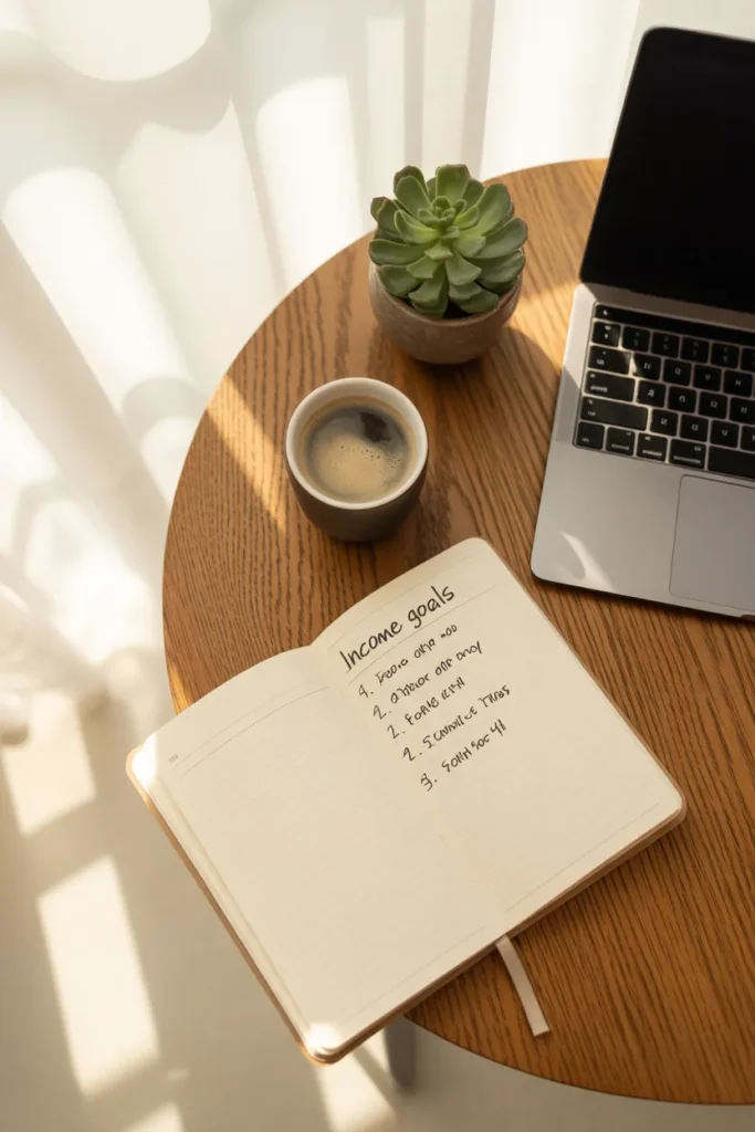 Realistic passive income ideas planning flat lay with laptop and notebook