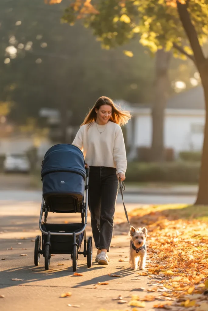 Single mom dog walking with stroller as easy side hustle for moms at home.