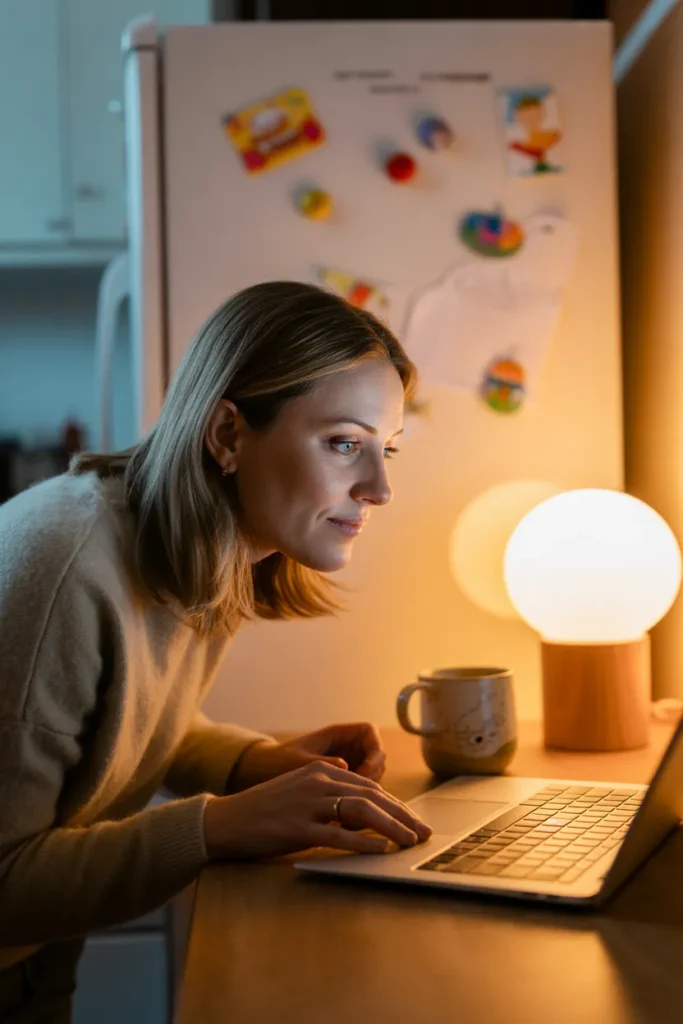 Single mom working from home on laptop in kitchen at night.