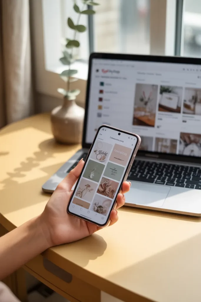 Smartphone showing Pinterest pin feed beside laptop with Etsy printables shop dashboard