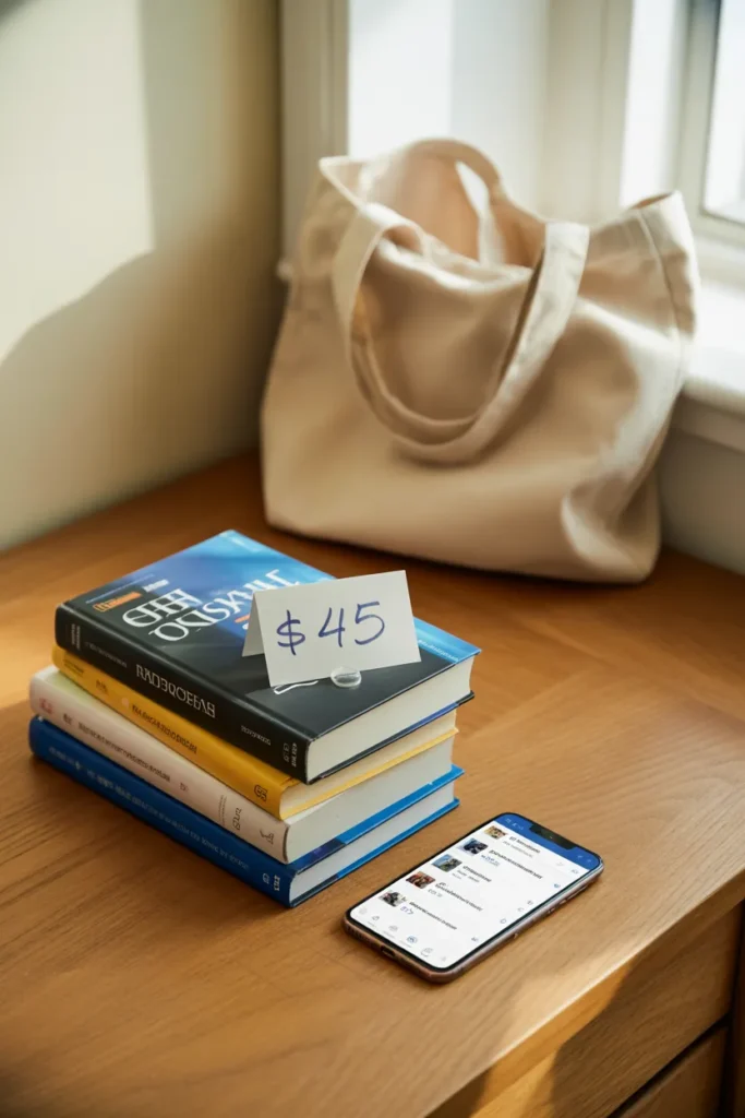 Stack of college textbooks ready to be resold online for extra cash