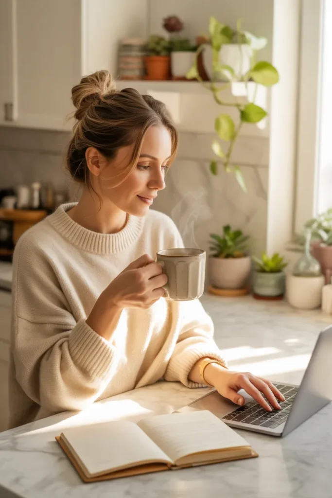 Stay at home mom blogger writing a new post during morning nap time for passive income