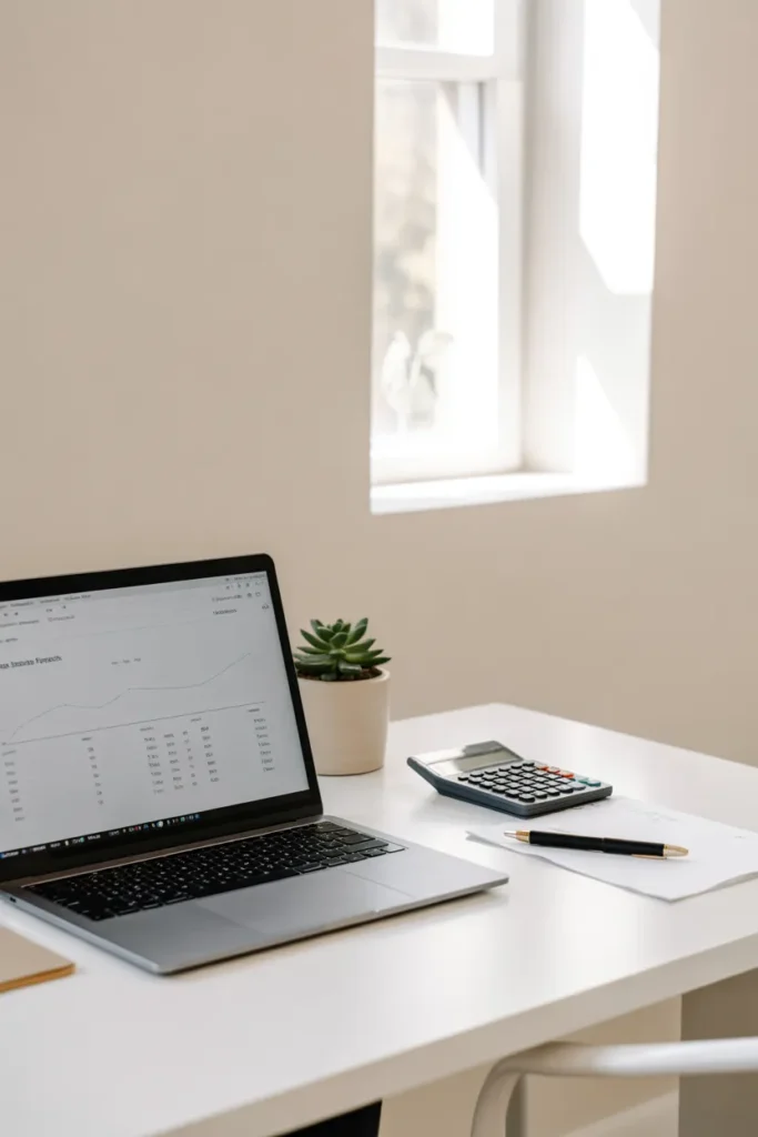 Stay at home mom doing bookkeeping from a clean home office desk for small business clients
