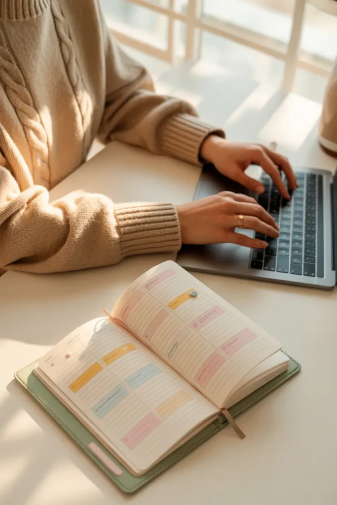 Stay at home mom working as a virtual assistant managing a client calendar from home