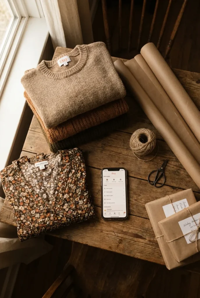 Thrift flipping packaging setup with vintage clothes and phone for introvert reseller