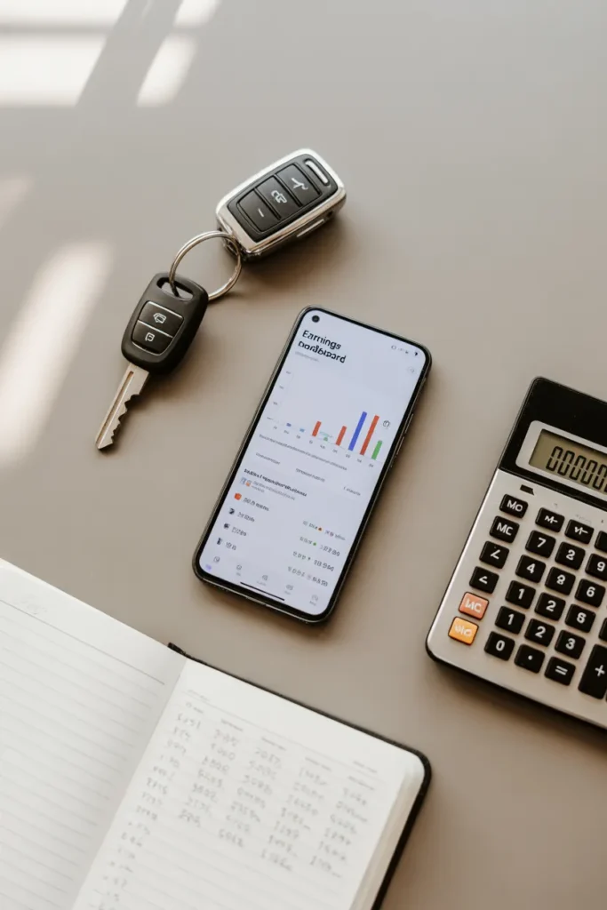 Turo host earnings dashboard on phone next to car keys and a calculator