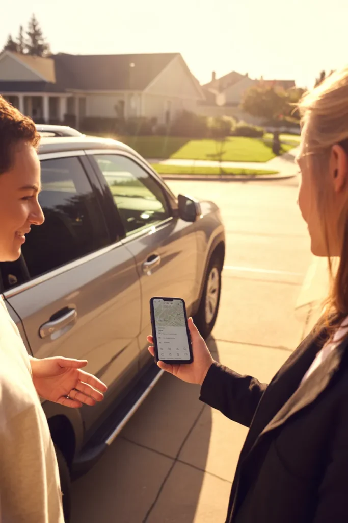 Turo host handing keys to a renter at a sunlit driveway in a US suburb