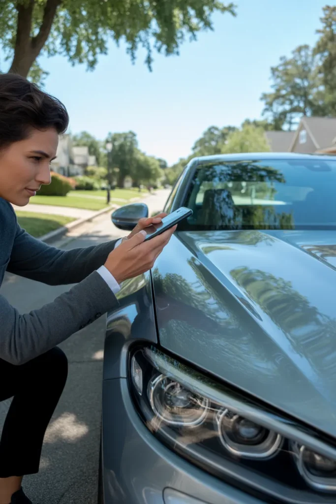 Turo host photographing car condition before handing keys to a renter