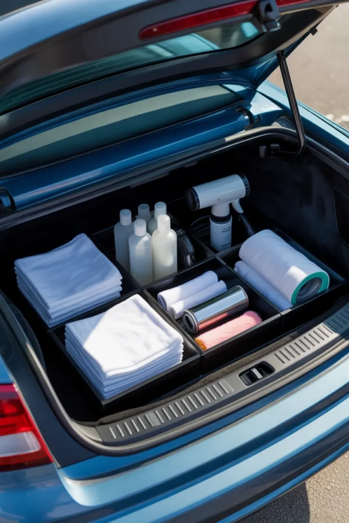 Turo turnaround cleaning kit organized in the trunk of a host's car