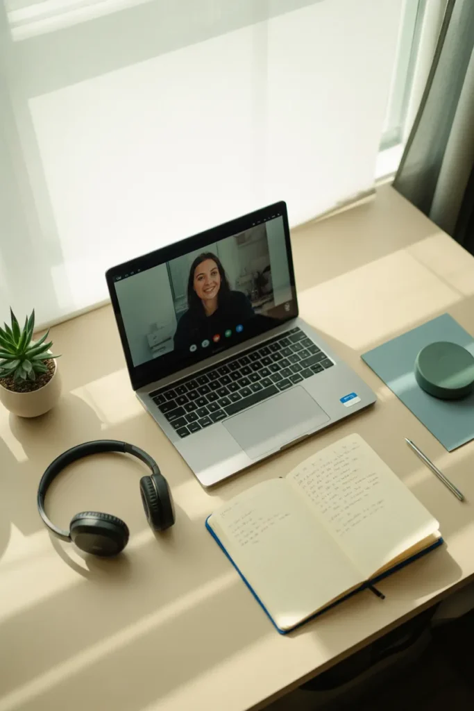 Tutor.com home office setup with laptop and headphones for online tutoring sessions