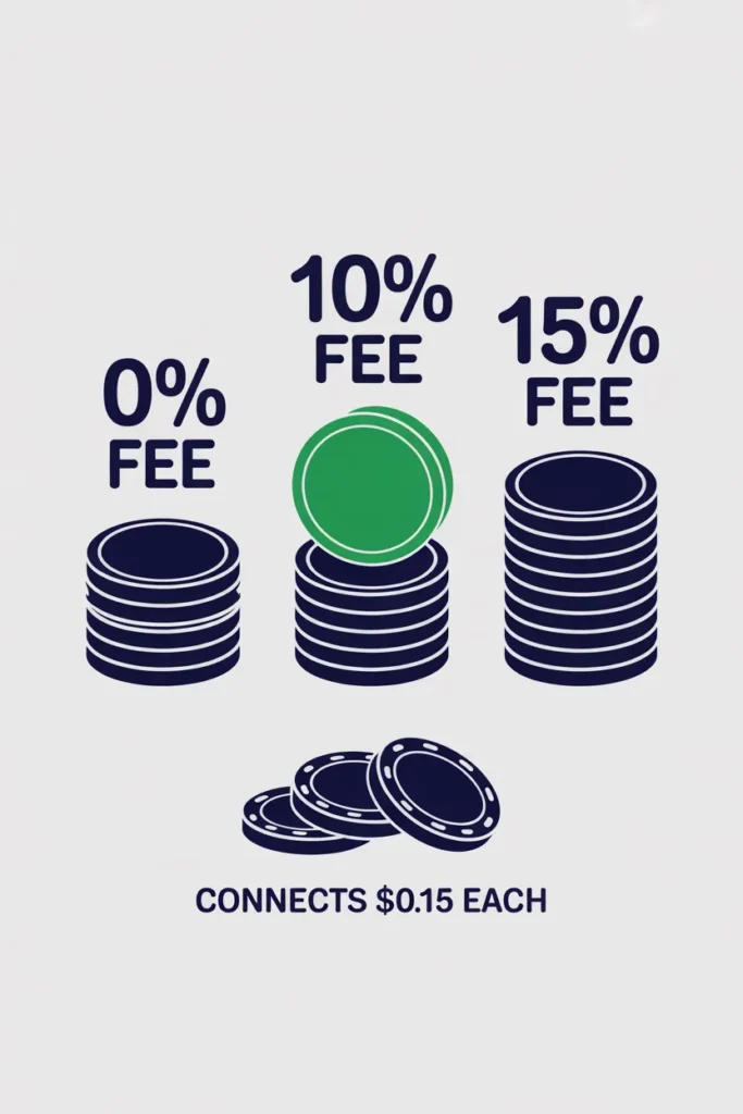Upwork 2026 service fee breakdown showing variable 0 to 15 percent and Connects pricing