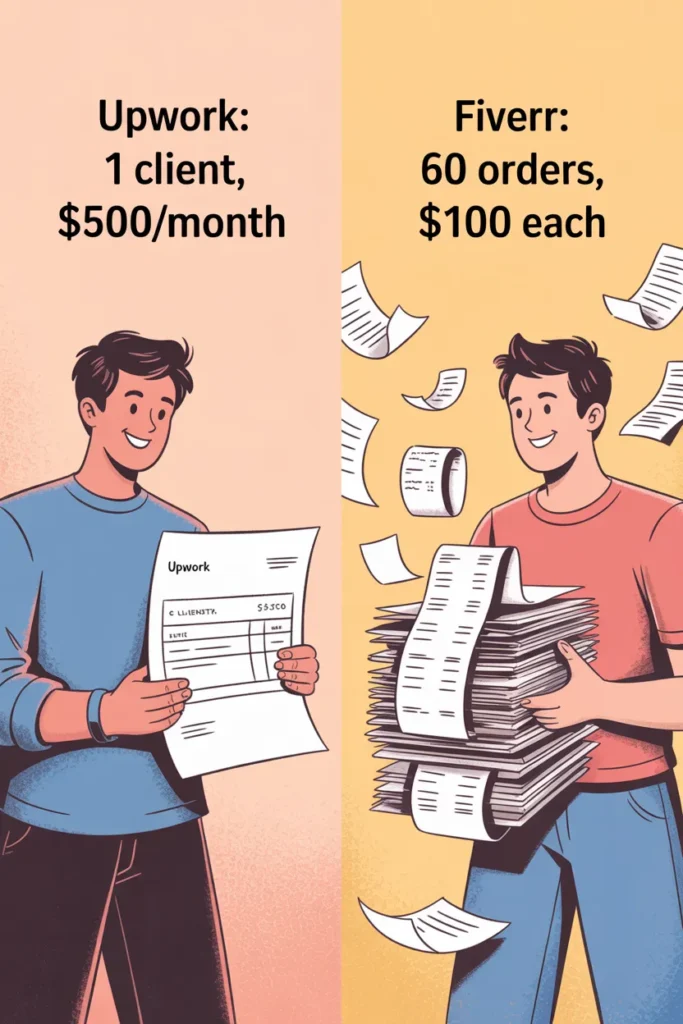 Upwork retainer client vs Fiverr one-off orders illustration showing buyer intent difference