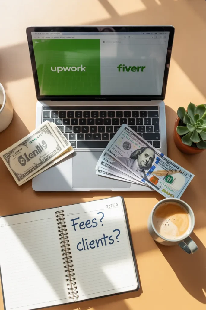 Upwork vs Fiverr 2026 comparison on laptop with notes about freelance platform fees