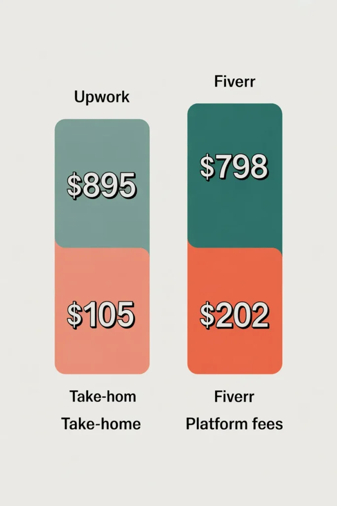 Upwork vs Fiverr take home pay comparison on $1000 gross earnings 2026