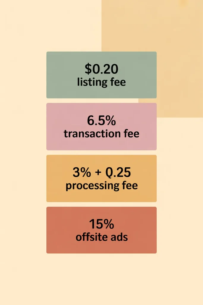 Visual breakdown of 2026 Etsy seller fees including listing transaction processing and offsite ads