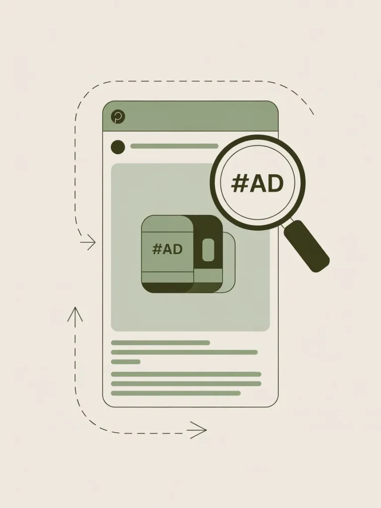 Visual showing FTC compliant affiliate disclosure on a Pinterest pin with hashtag ad clearly visible.