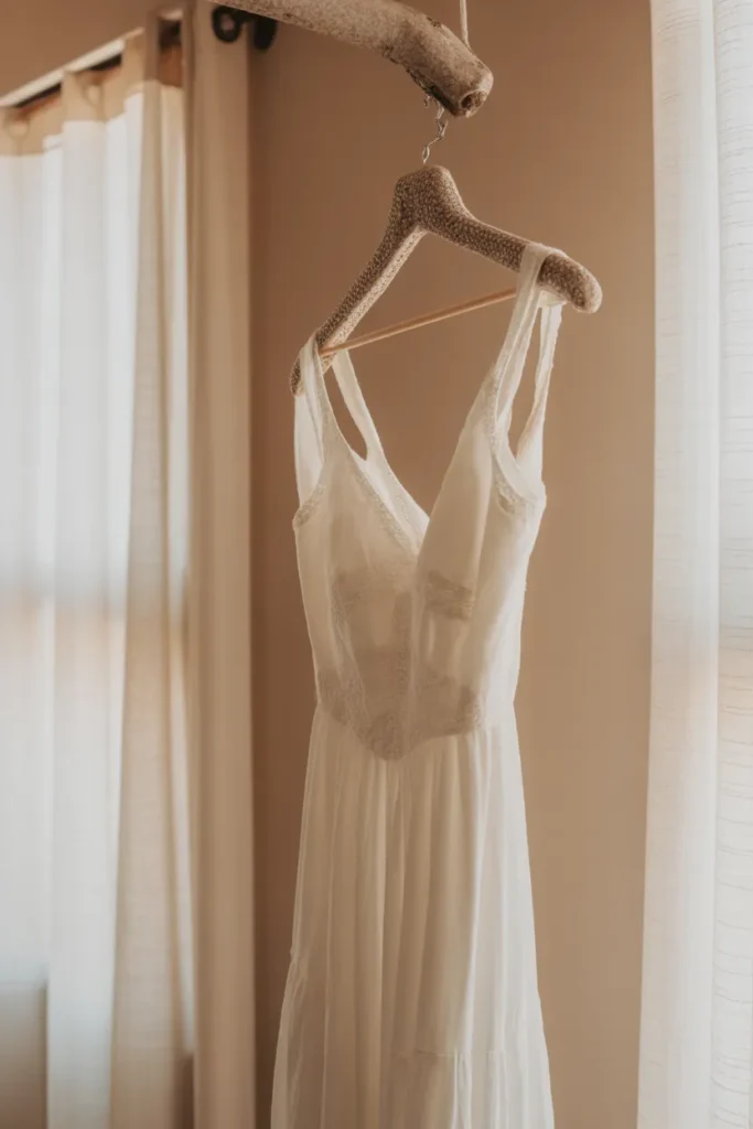 Wedding dress hanging alone showing why formal wear is risky to rent out