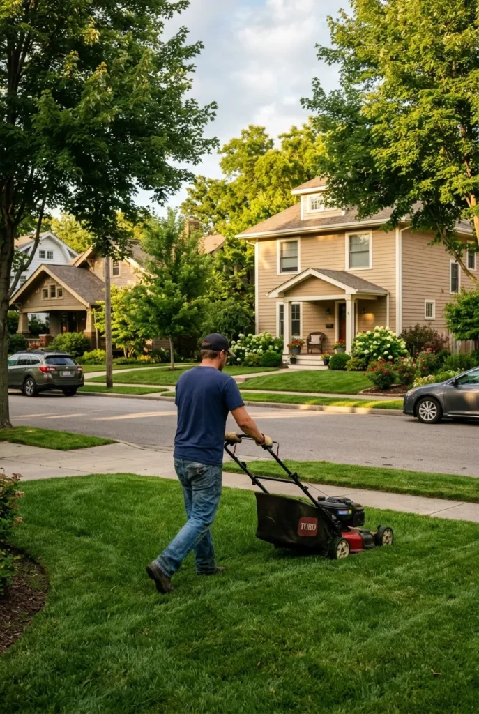 Weekend cash side hustle mowing a neighbor's lawn for same-day pay on Saturday afternoon.