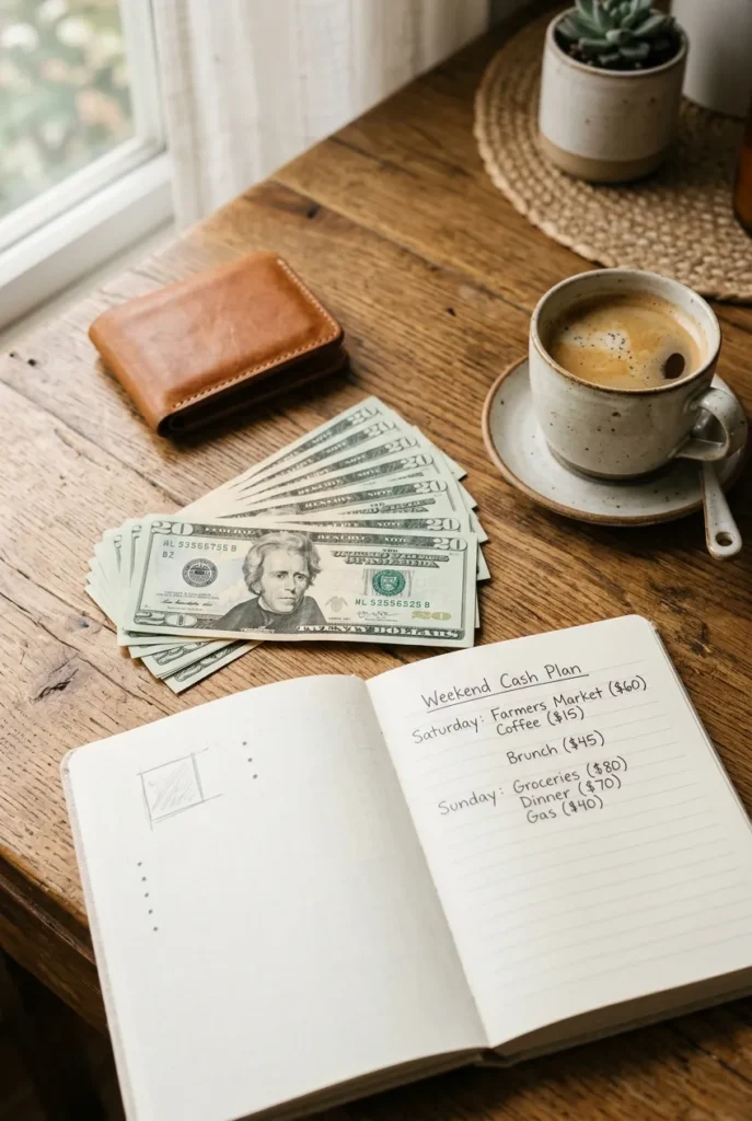 Weekend side hustles that pay cash flat lay with stack of bills, wallet, and Saturday planner.