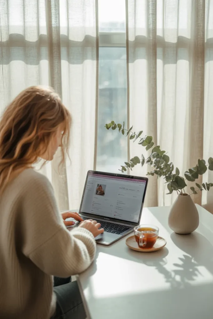 Woman at sunlit kitchen table working on Etsy printables shop on laptop with morning tea