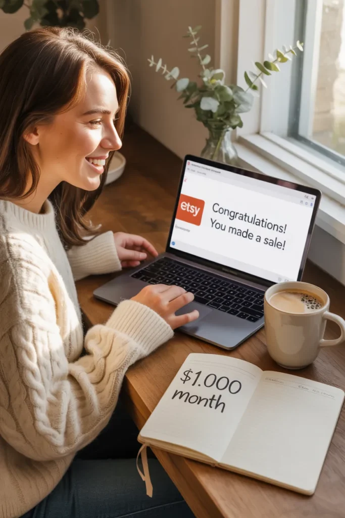 Woman celebrating first $1000 month on etsy passive income success story