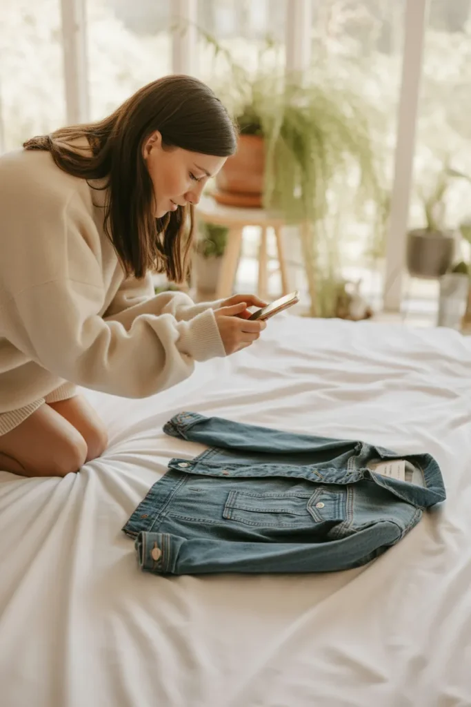 Woman photographing thrifted clothes to resell as a free side hustle from home