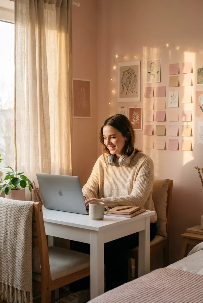 Woman working as a virtual assistant from home cozy desk setup beginner side hustle