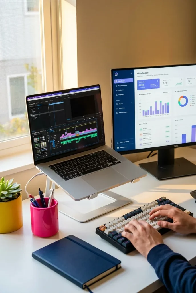 Organized desk with dual monitor setup showing AI tool dashboard for faceless YouTube creator