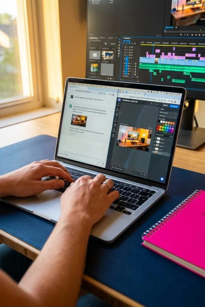 Hands typing on laptop with AI tools and Canva open for faceless YouTube content creation
