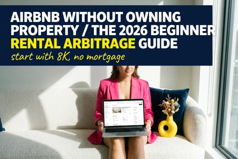 Airbnb rental arbitrage for beginners featured image with woman on laptop in furnished short-term rental apartment.