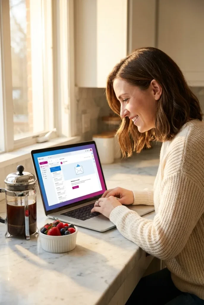 Woman smiling at her laptop after receiving an acceptance email for an online proofreading job for beginners.