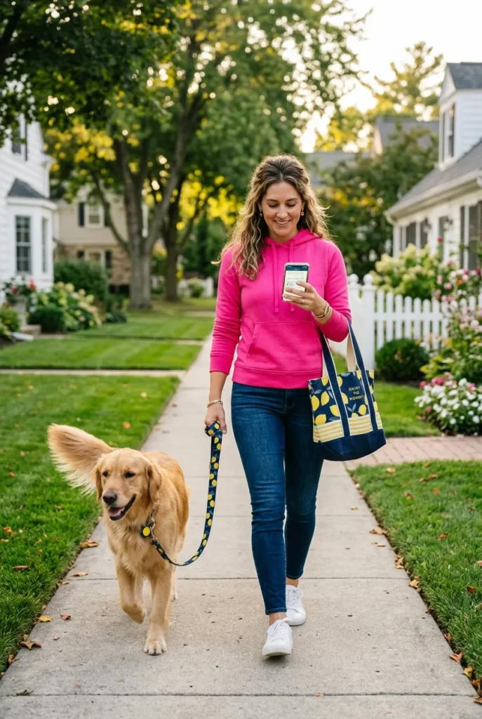 Dog walker on suburban sidewalk checking pet sitting app on phone with golden retriever
