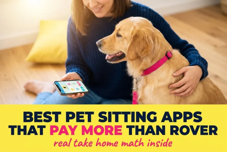 Featured image for best pet sitting apps that pay more than Rover side hustle guide with golden retriever