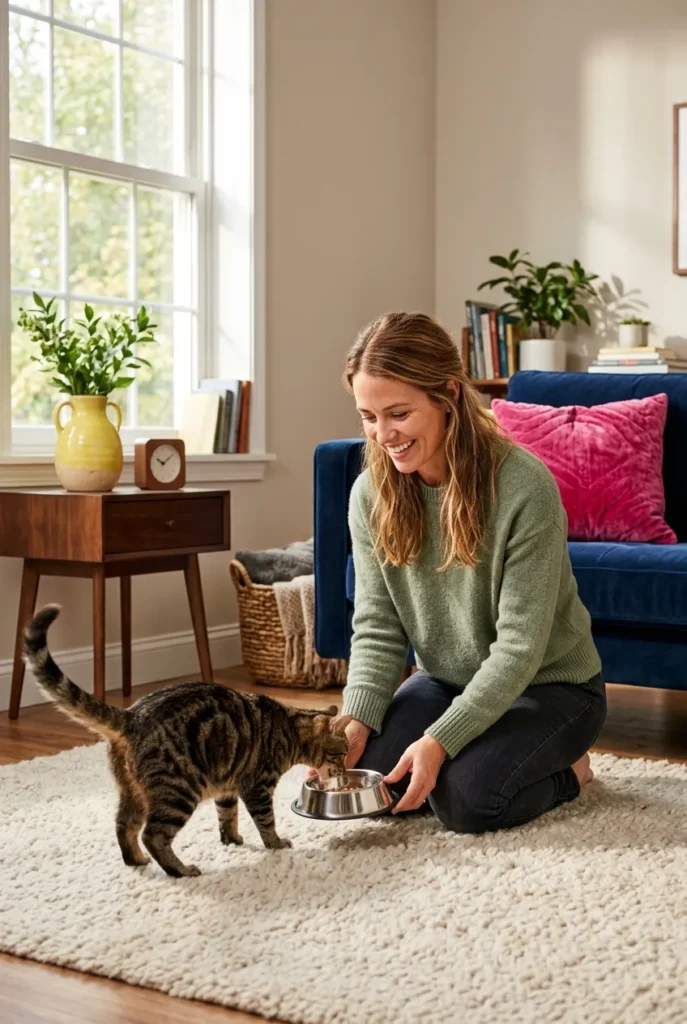 Pet sitter feeding tabby cat in cozy modern living room during drop-in visit
