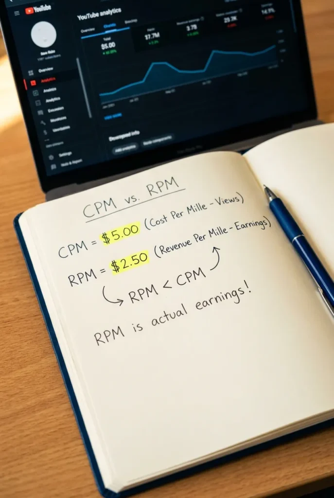 Notebook page showing CPM versus RPM calculation math for faceless YouTube channel earnings