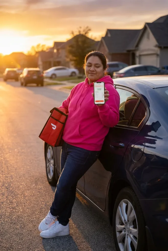 Smiling Dasher checking phone showing $107 earnings after successful DoorDash shift